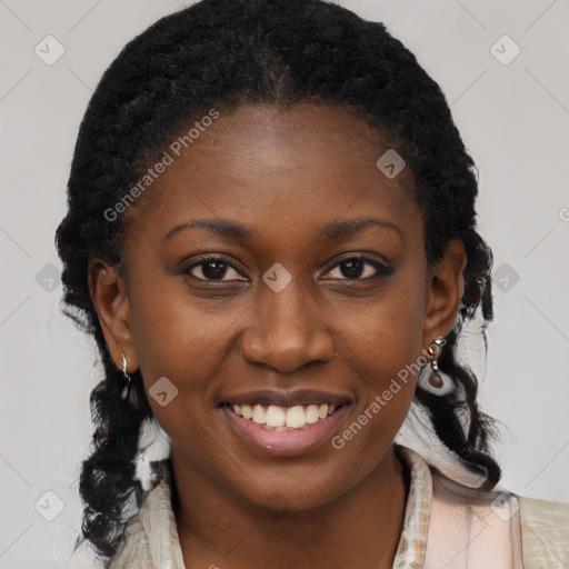 Joyful black young-adult female with medium  black hair and brown eyes