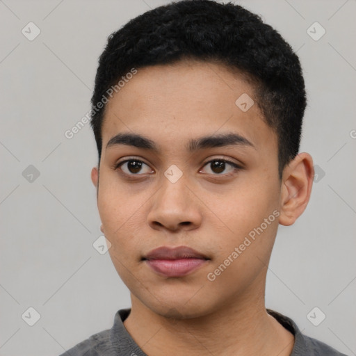 Neutral latino young-adult male with short  black hair and brown eyes