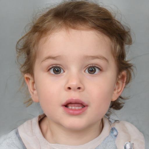 Neutral white child female with medium  brown hair and blue eyes