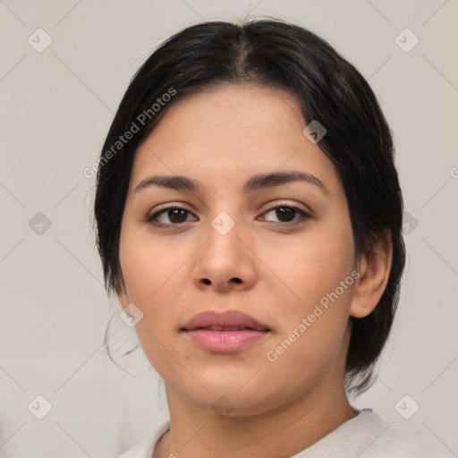 Neutral asian young-adult female with medium  black hair and brown eyes