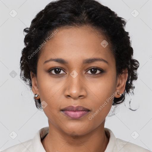 Neutral latino young-adult female with short  black hair and brown eyes