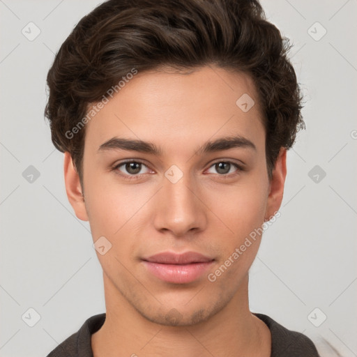 Neutral white young-adult male with short  brown hair and brown eyes