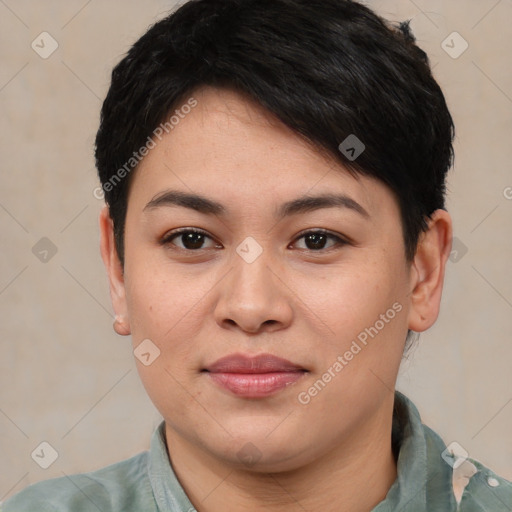 Joyful asian young-adult female with short  brown hair and brown eyes