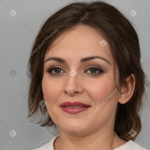 Joyful white young-adult female with medium  brown hair and brown eyes