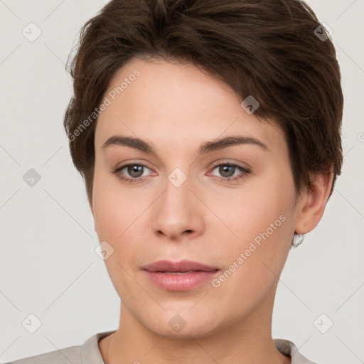 Neutral white young-adult female with short  brown hair and brown eyes