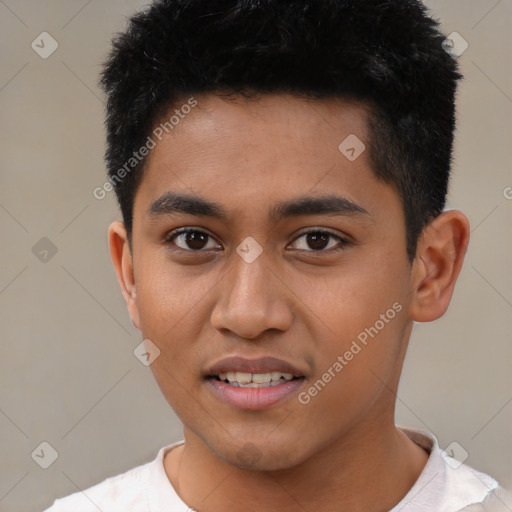 Joyful latino young-adult male with short  brown hair and brown eyes