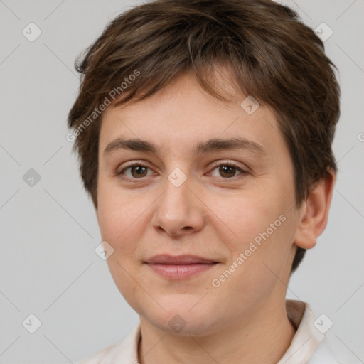 Joyful white young-adult female with short  brown hair and brown eyes