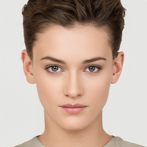 Neutral white young-adult female with short  brown hair and brown eyes