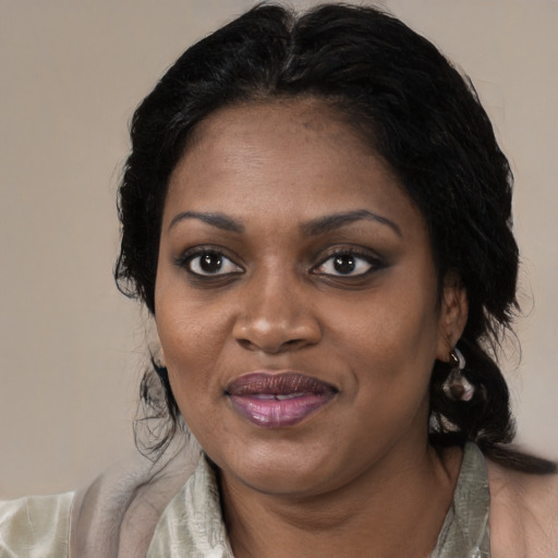 Joyful black young-adult female with medium  black hair and brown eyes