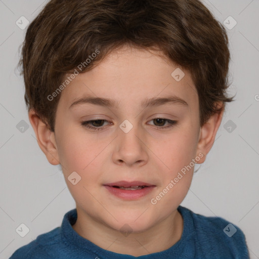 Joyful white child female with short  brown hair and brown eyes