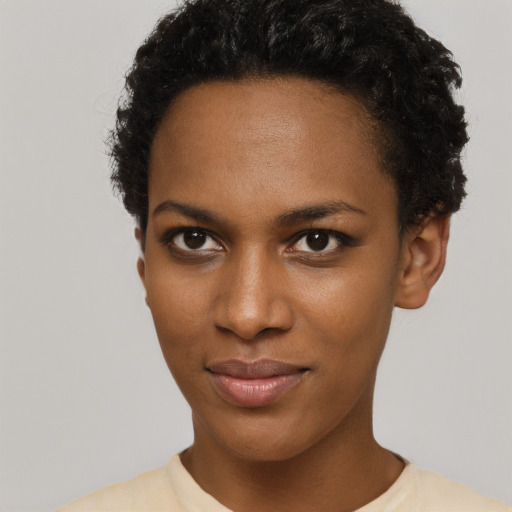 Neutral black young-adult female with short  black hair and brown eyes