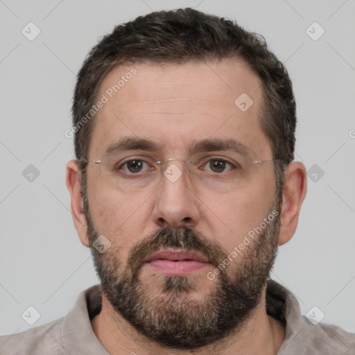 Neutral white adult male with short  brown hair and brown eyes