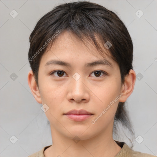 Neutral asian young-adult female with medium  brown hair and brown eyes