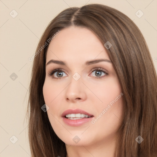 Neutral white young-adult female with long  brown hair and brown eyes