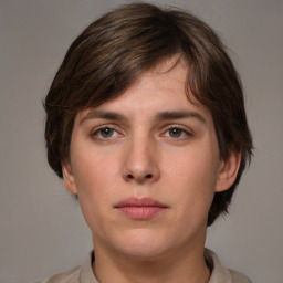 Neutral white young-adult female with medium  brown hair and grey eyes