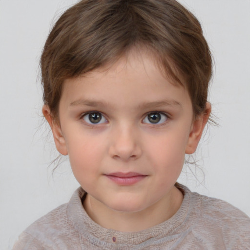 Neutral white child female with short  brown hair and grey eyes