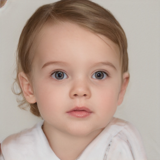 Neutral white child female with medium  brown hair and blue eyes