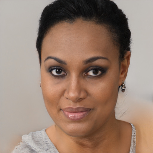 Joyful black young-adult female with short  brown hair and brown eyes