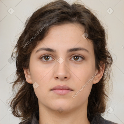 Neutral white young-adult female with medium  brown hair and brown eyes