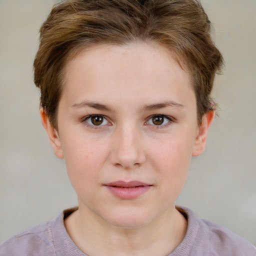 Neutral white young-adult female with short  brown hair and brown eyes