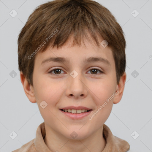 Joyful white child male with short  brown hair and brown eyes