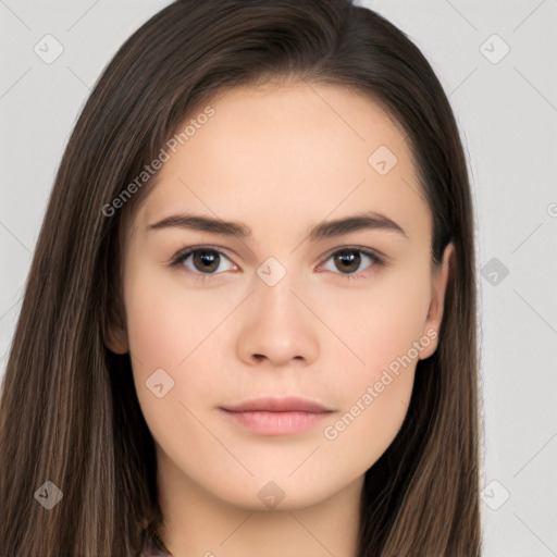 Neutral white young-adult female with long  brown hair and brown eyes