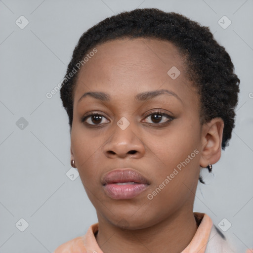 Neutral black young-adult female with short  brown hair and brown eyes