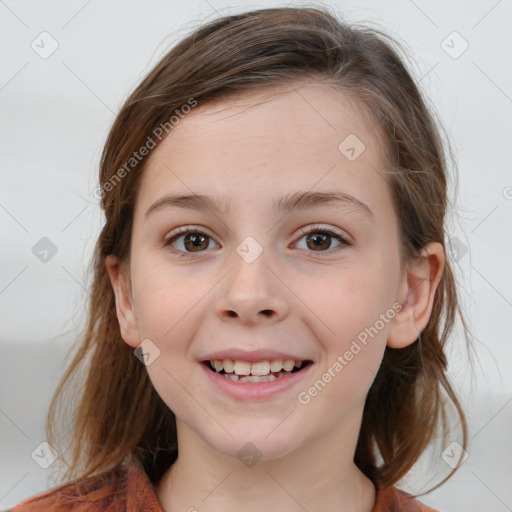 Joyful white child female with medium  brown hair and brown eyes