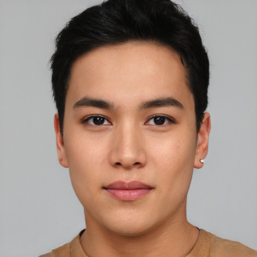 Neutral asian young-adult male with short  black hair and brown eyes
