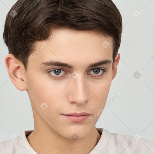 Neutral white young-adult male with short  brown hair and brown eyes