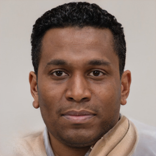Neutral black young-adult male with short  black hair and brown eyes