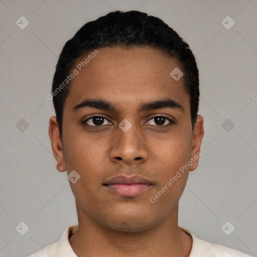 Neutral latino young-adult male with short  brown hair and brown eyes