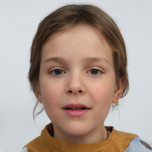 Neutral white child female with medium  brown hair and blue eyes