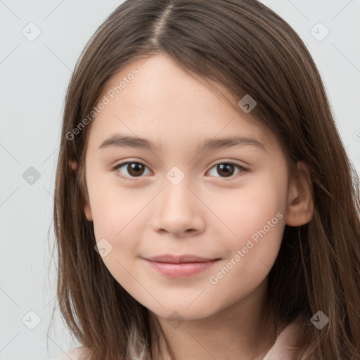 Joyful white child female with medium  brown hair and brown eyes