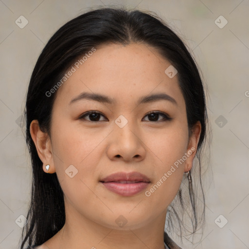 Joyful asian young-adult female with medium  brown hair and brown eyes