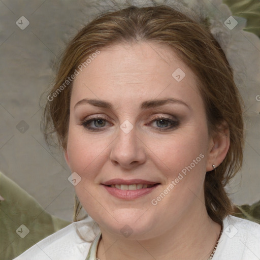 Joyful white young-adult female with medium  brown hair and blue eyes