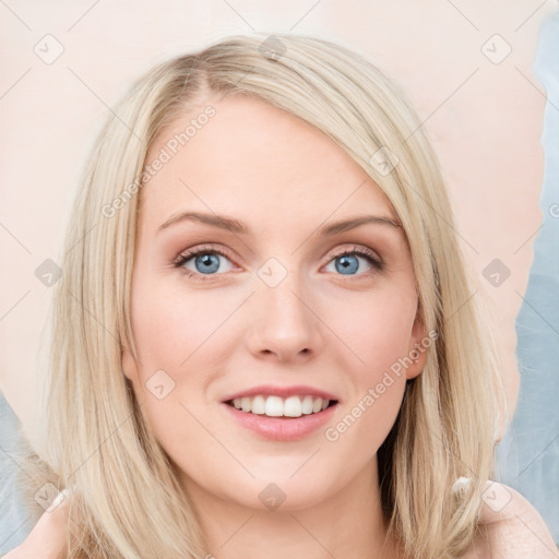 Joyful white young-adult female with long  brown hair and blue eyes