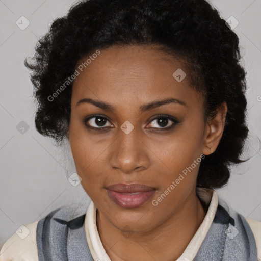 Joyful black young-adult female with medium  black hair and brown eyes