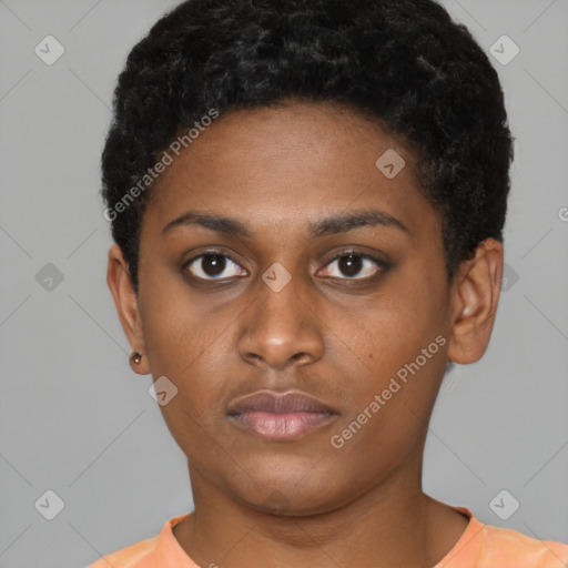 Neutral black young-adult female with short  black hair and brown eyes