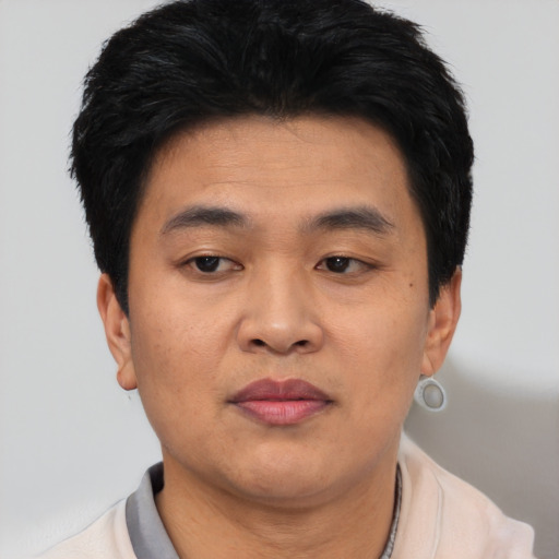 Joyful asian young-adult male with short  black hair and brown eyes
