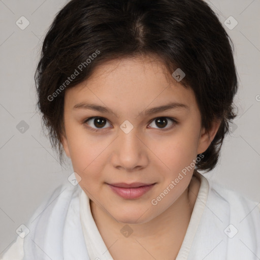 Joyful white child female with medium  brown hair and brown eyes