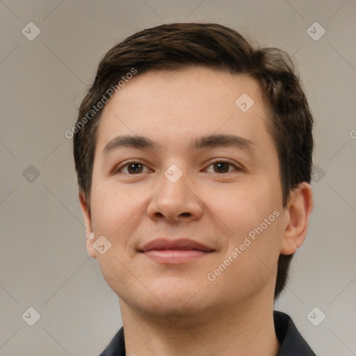 Joyful white young-adult male with short  brown hair and brown eyes