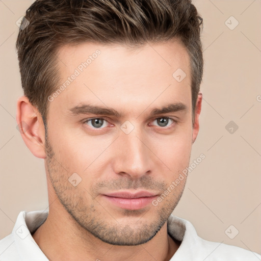 Neutral white young-adult male with short  brown hair and brown eyes