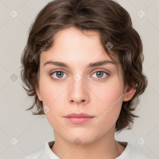 Neutral white young-adult female with medium  brown hair and green eyes