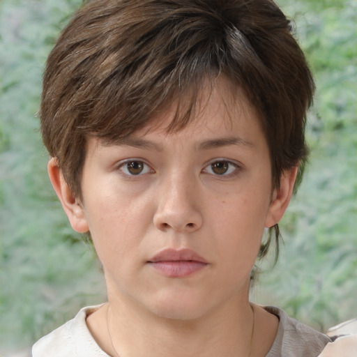 Neutral white young-adult female with short  brown hair and brown eyes