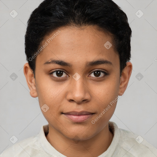 Joyful latino young-adult female with short  brown hair and brown eyes