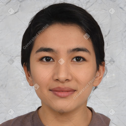 Joyful asian young-adult female with short  black hair and brown eyes