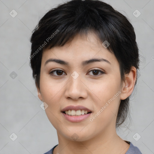 Joyful asian young-adult female with medium  black hair and brown eyes