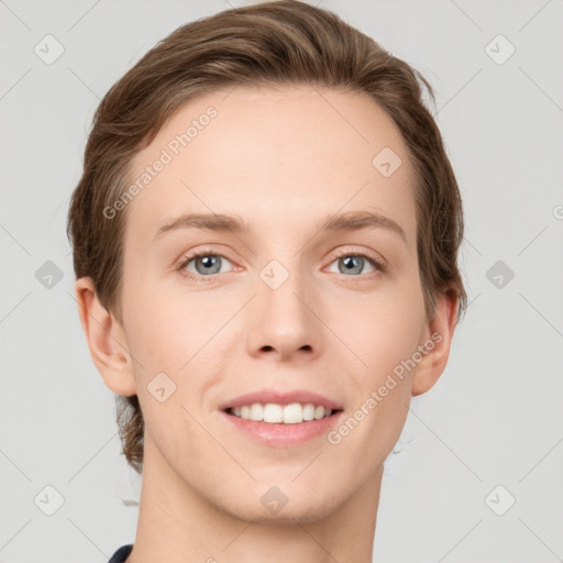 Joyful white young-adult female with short  brown hair and grey eyes