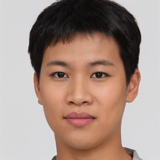 Neutral asian young-adult male with short  black hair and brown eyes